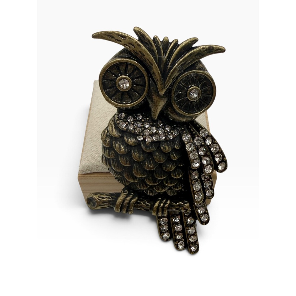 Antique Gold Tone Owl Ring Rhinestone Statement Cocktail Y2K